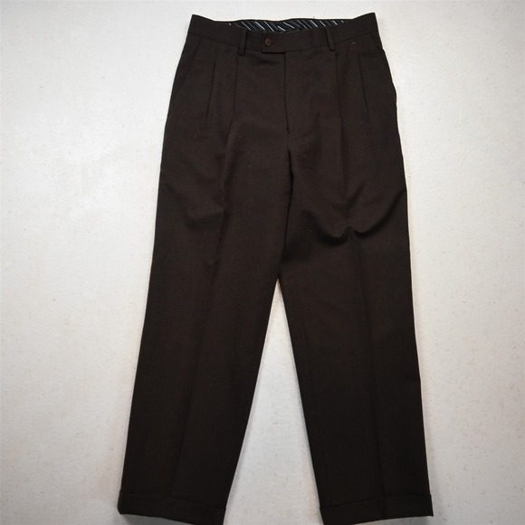 Vtg Y2K 2000s 31x30 Brown 100% Wool Flannel Pleated Cuffed Baggy Dress Pants